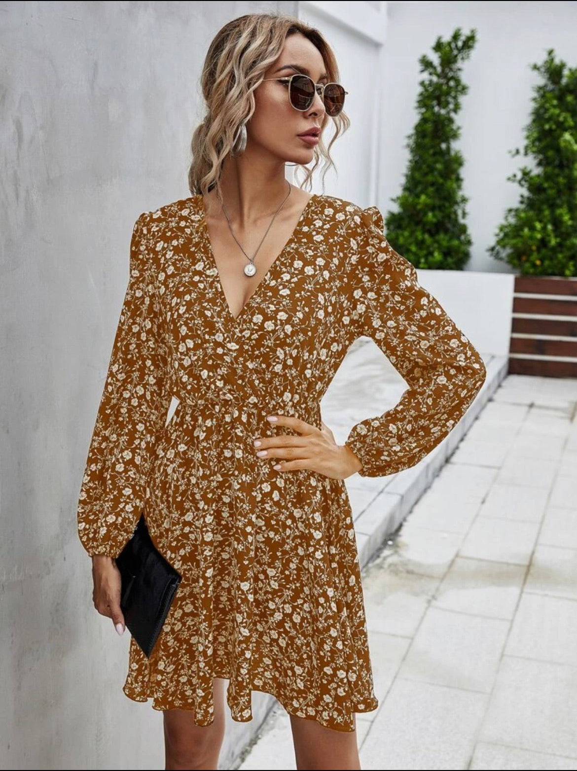 Floral Print Surplice Neck Puff Sleeve Dress