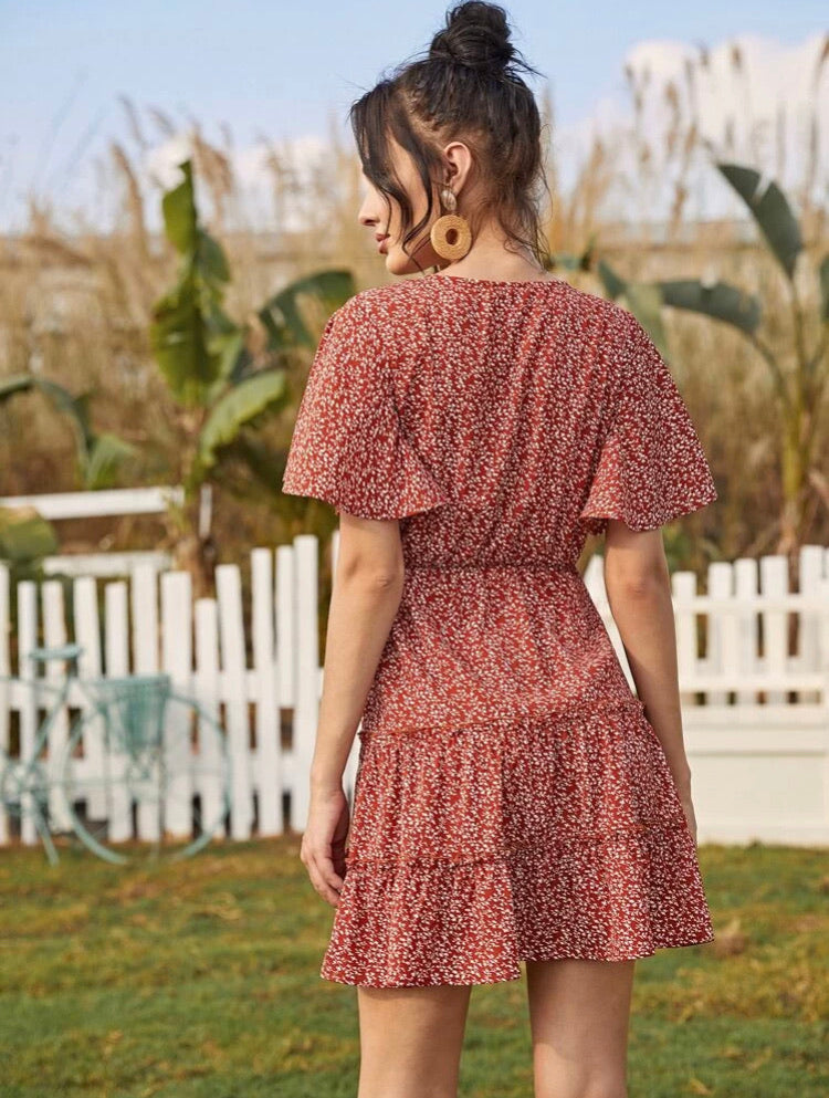 Plunging Neck Frill Trim Ditsy Floral Dress