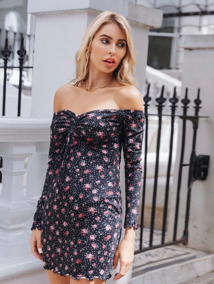 Off Shoulder Drawstring Bust Lettuce Trim Floral and Polka Dot Print