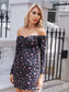 Off Shoulder Drawstring Bust Lettuce Trim Floral and Polka Dot Print