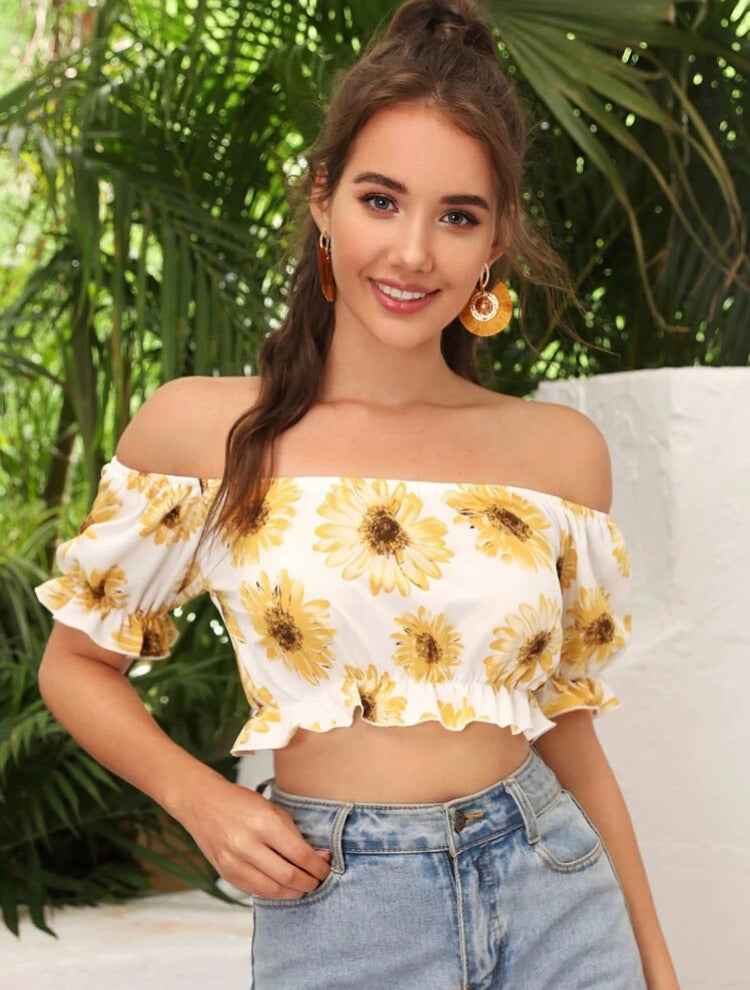 Puff Sleeve Ruffle Trim Sunflower Crop Top