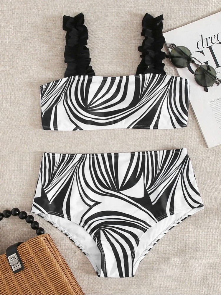 Graphic Frill High Waist Bikini Swimsuit