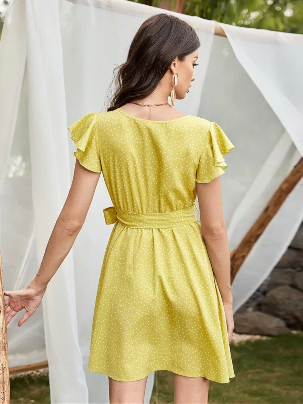 Ruffle Armhole Belted Polka-dot Print Dress