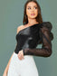 One Shoulder Leg-of-mutton Sleeve Crocodile Embossed Top