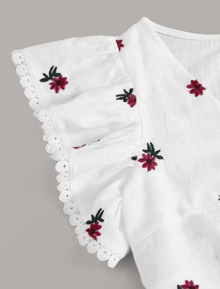 Lace Trim Floral Embroidery Wrap Tie Back Top