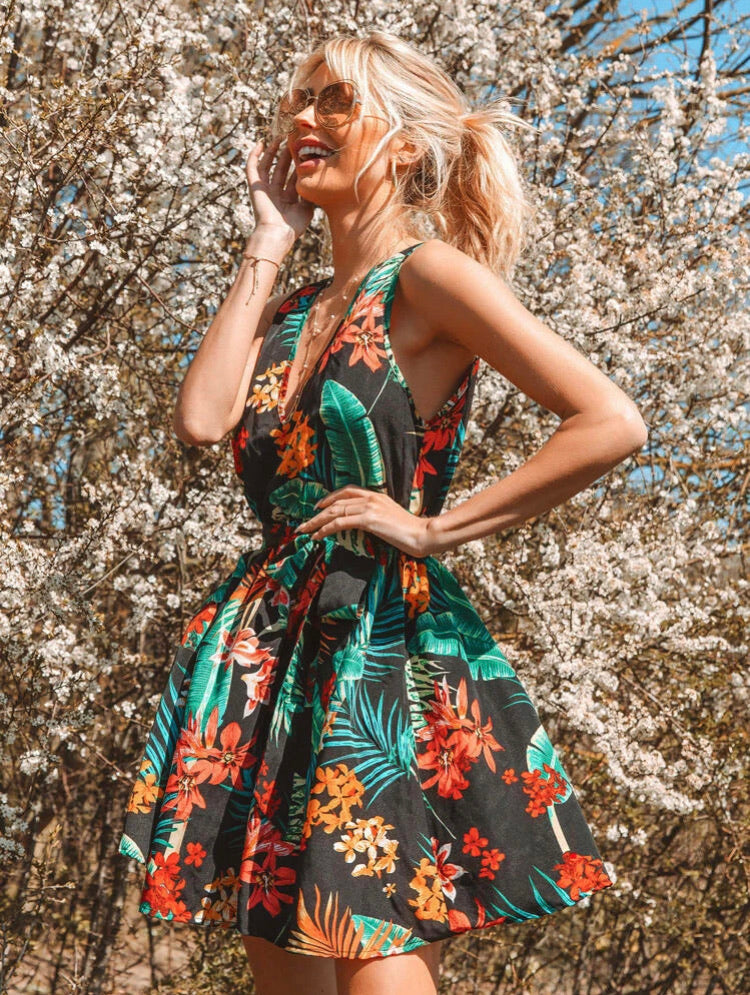 Low Back Tropical Print Belted Dress