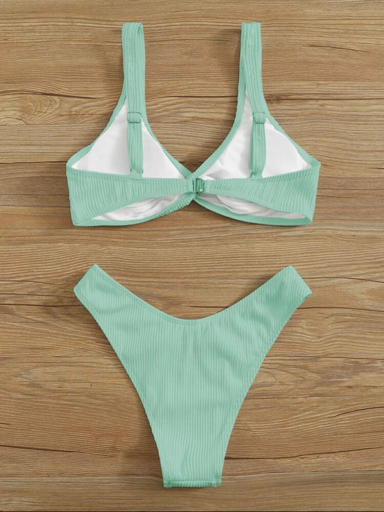 Rib Twist Front High Cut Bikini Swimsuit