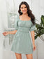 Frill Trim Puff Sleeve Shirred Dress