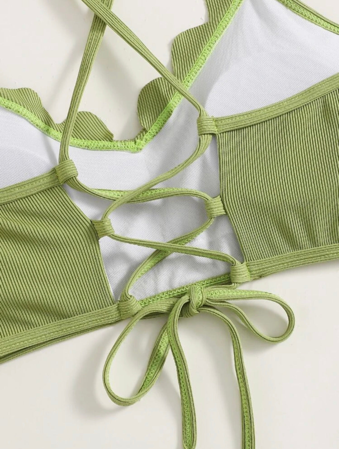 Rib Scalloped Trim Ruched Bikini Swimsuit