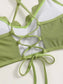 Rib Scalloped Trim Ruched Bikini Swimsuit