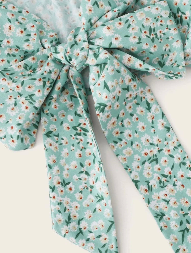 Ditsy Floral Print Frill Trim Tie Front Crop Top