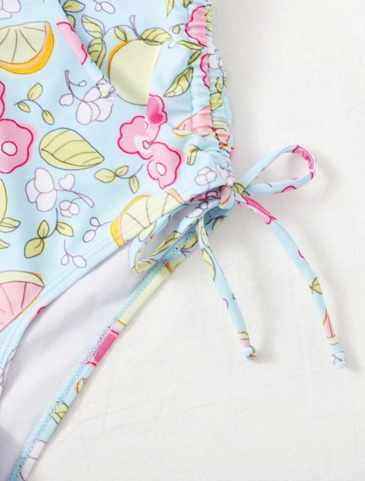 Floral Drawstring High Waist Bikini Swimsuit