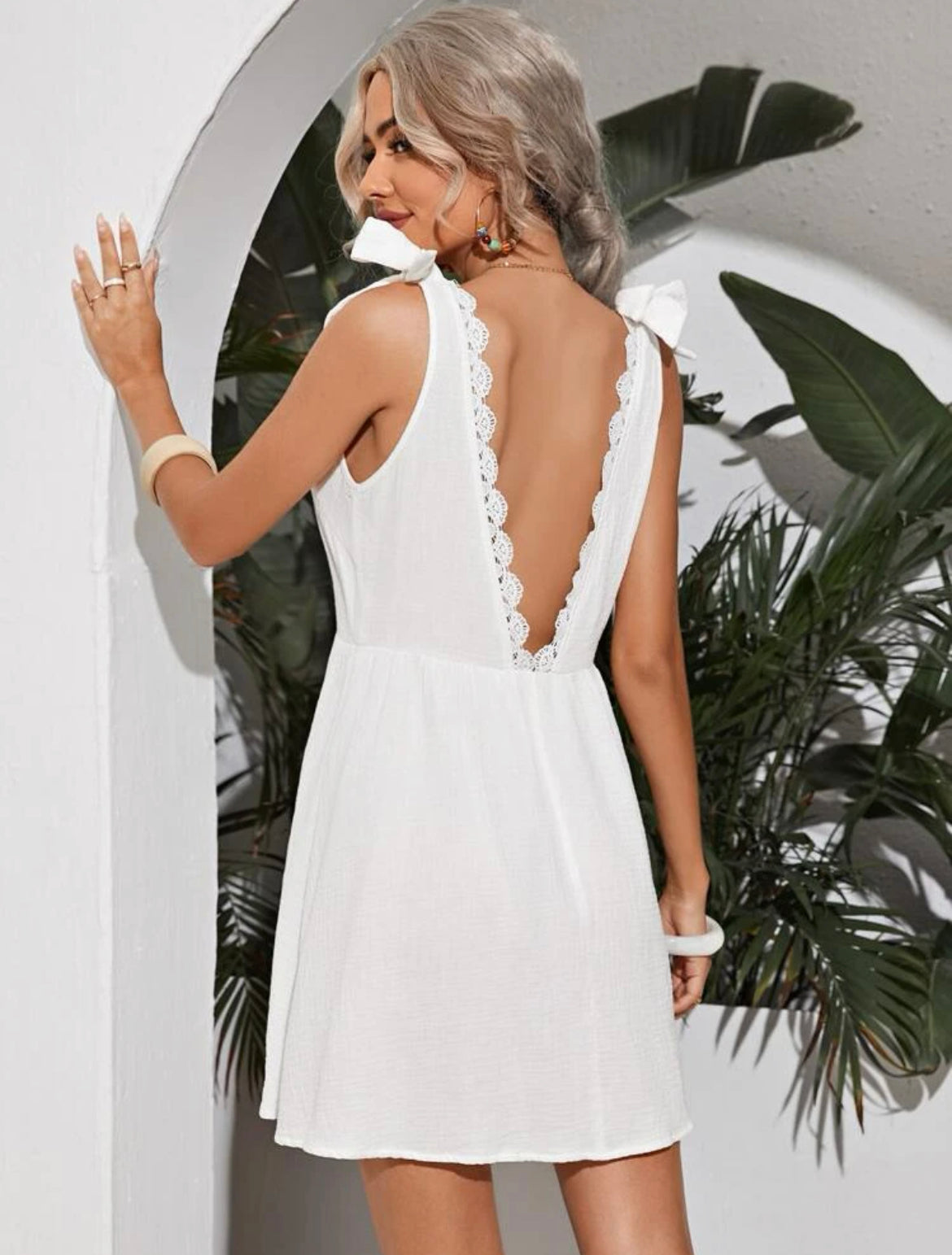 Knot Strap Lace Trim V-Back Dress